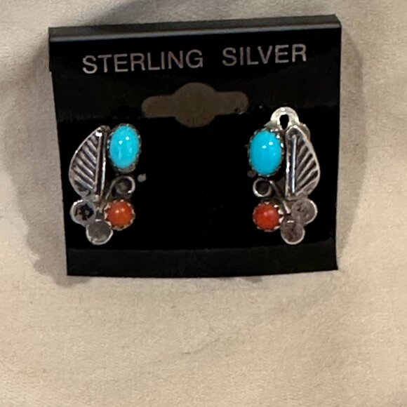 Native American Jewelry - Turquoise Coral and Sterling Silver Earrings Clip-On